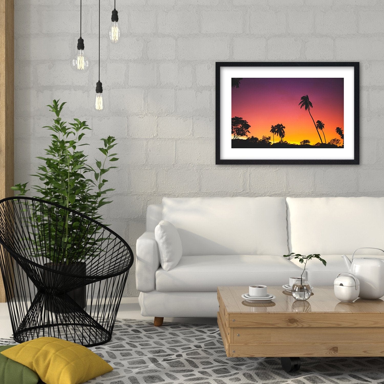 Glezna melnā rāmī - Pink Sky And Palm Trees Home Trends