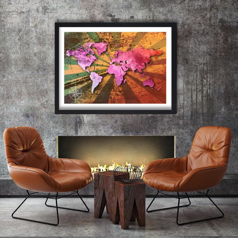 Glezna melnā rāmī - Pink Vintage World Map Home Trends