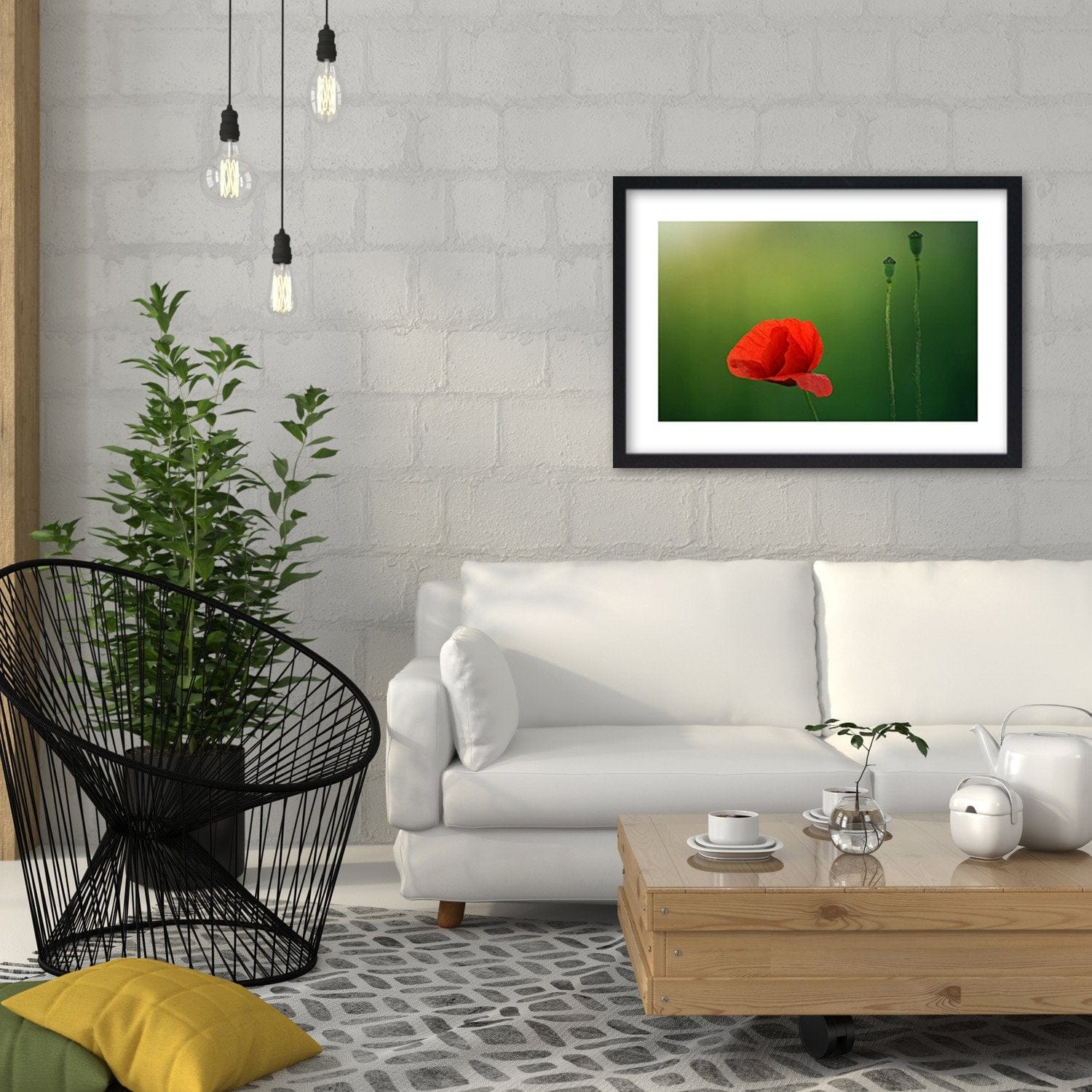 Glezna melnā rāmī - Poppy Flower On A Green Background Home Trends