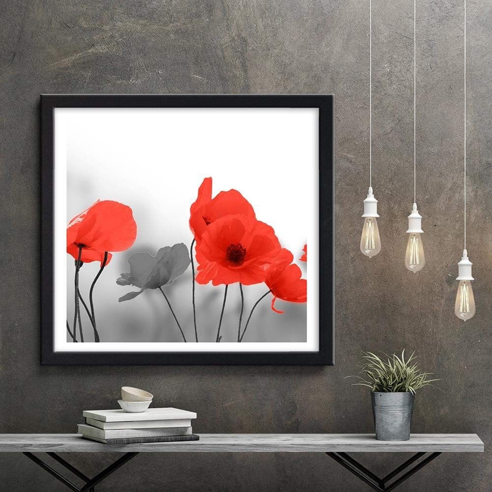 Glezna melnā rāmī - Red Poppies In Gray Home Trends