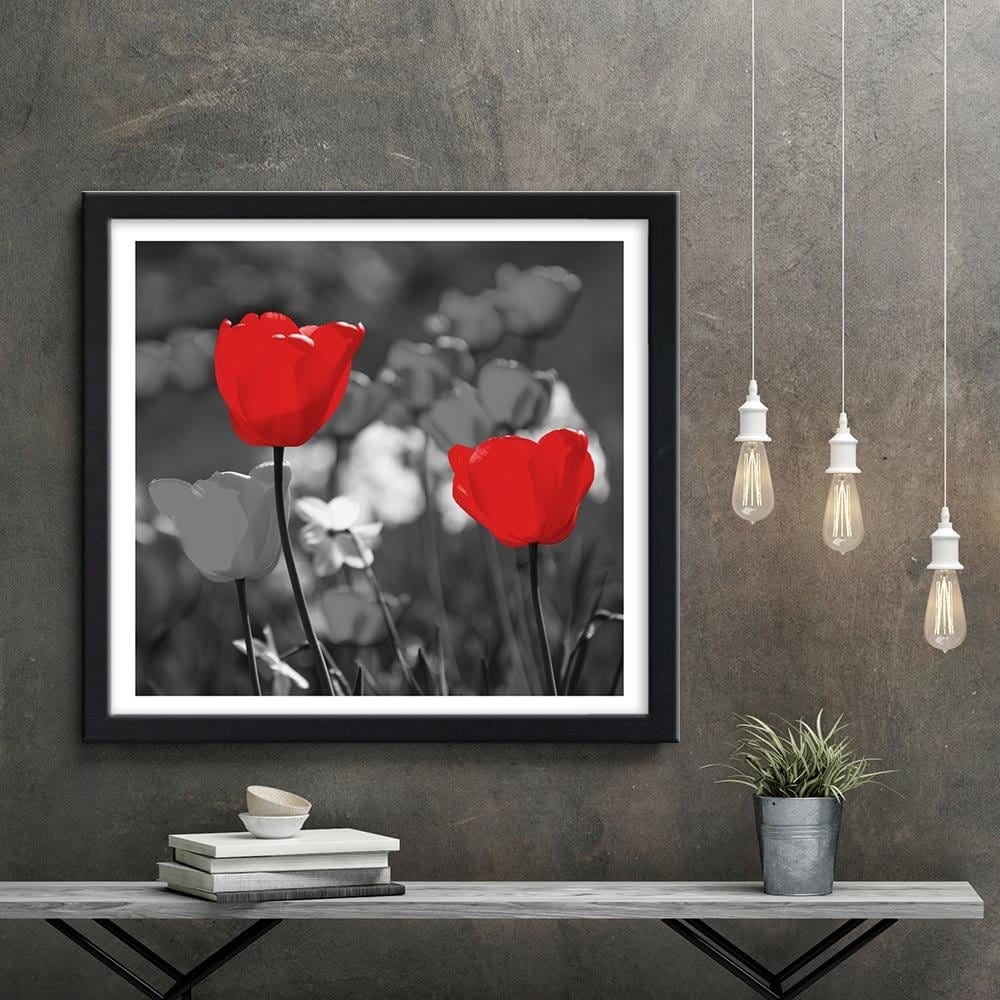 Glezna melnā rāmī - Red Tulips In Gray Home Trends
