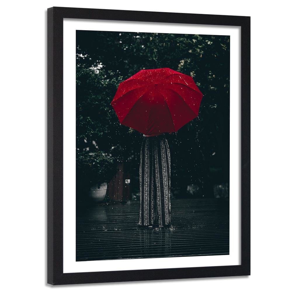 Glezna melnā rāmī - Red Umbrella In The Rain Home Trends