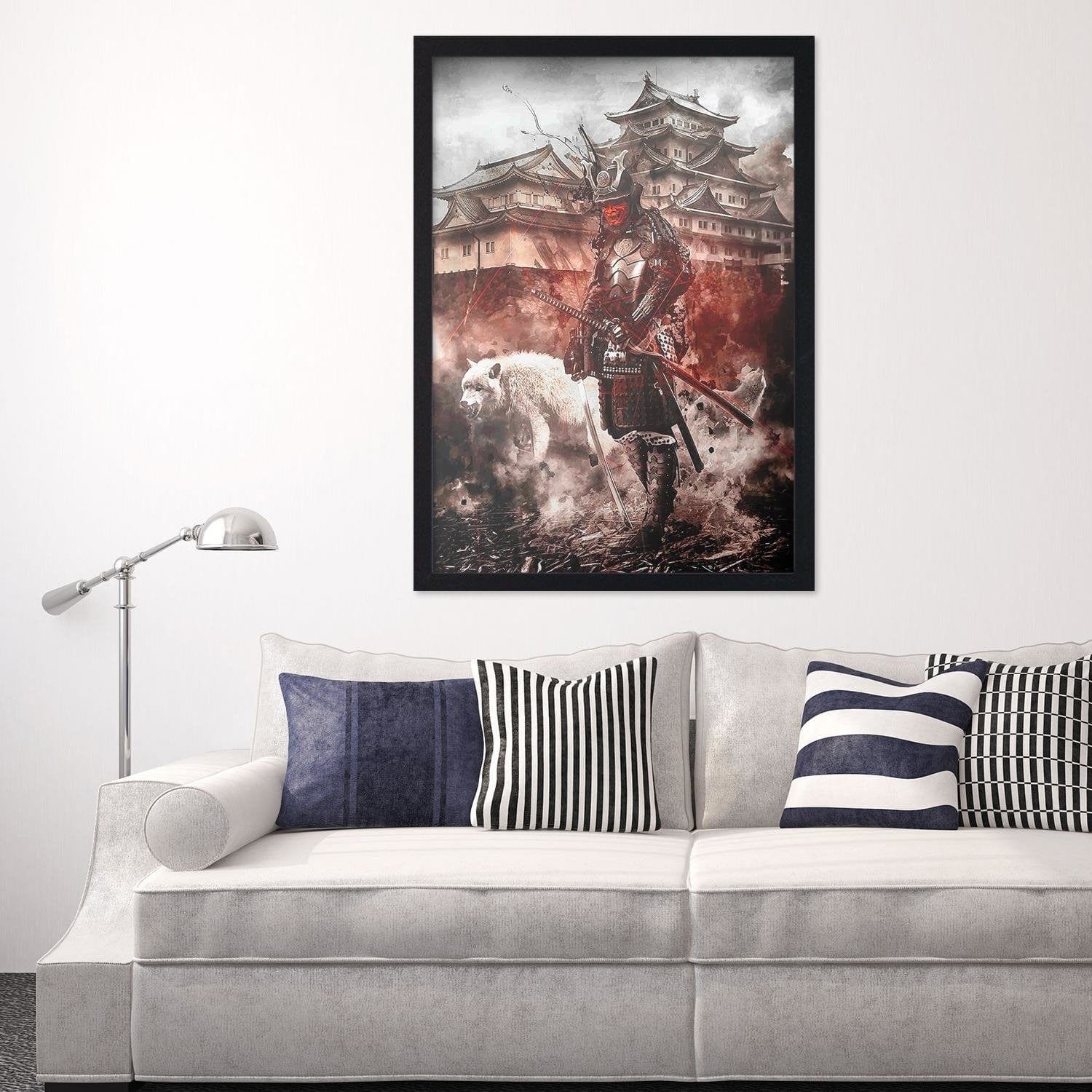 Glezna melnā rāmī - Samurai And White Wolf Home Trends