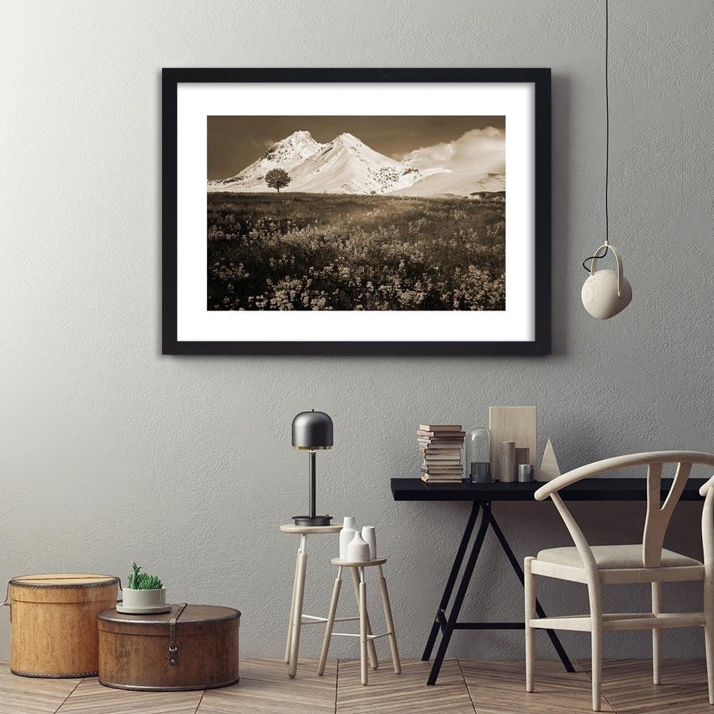 Glezna melnā rāmī - Snowy Mountains And Colorful Meadow 1 Home Trends