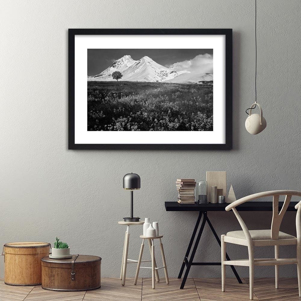 Glezna melnā rāmī - Snowy Mountains And Colorful Meadow 2 Home Trends