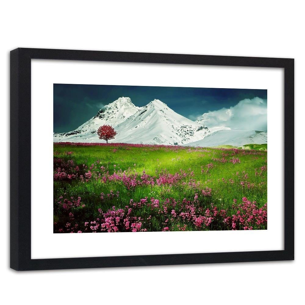 Glezna melnā rāmī - Snowy Mountains And Colorful Meadow 3 Home Trends
