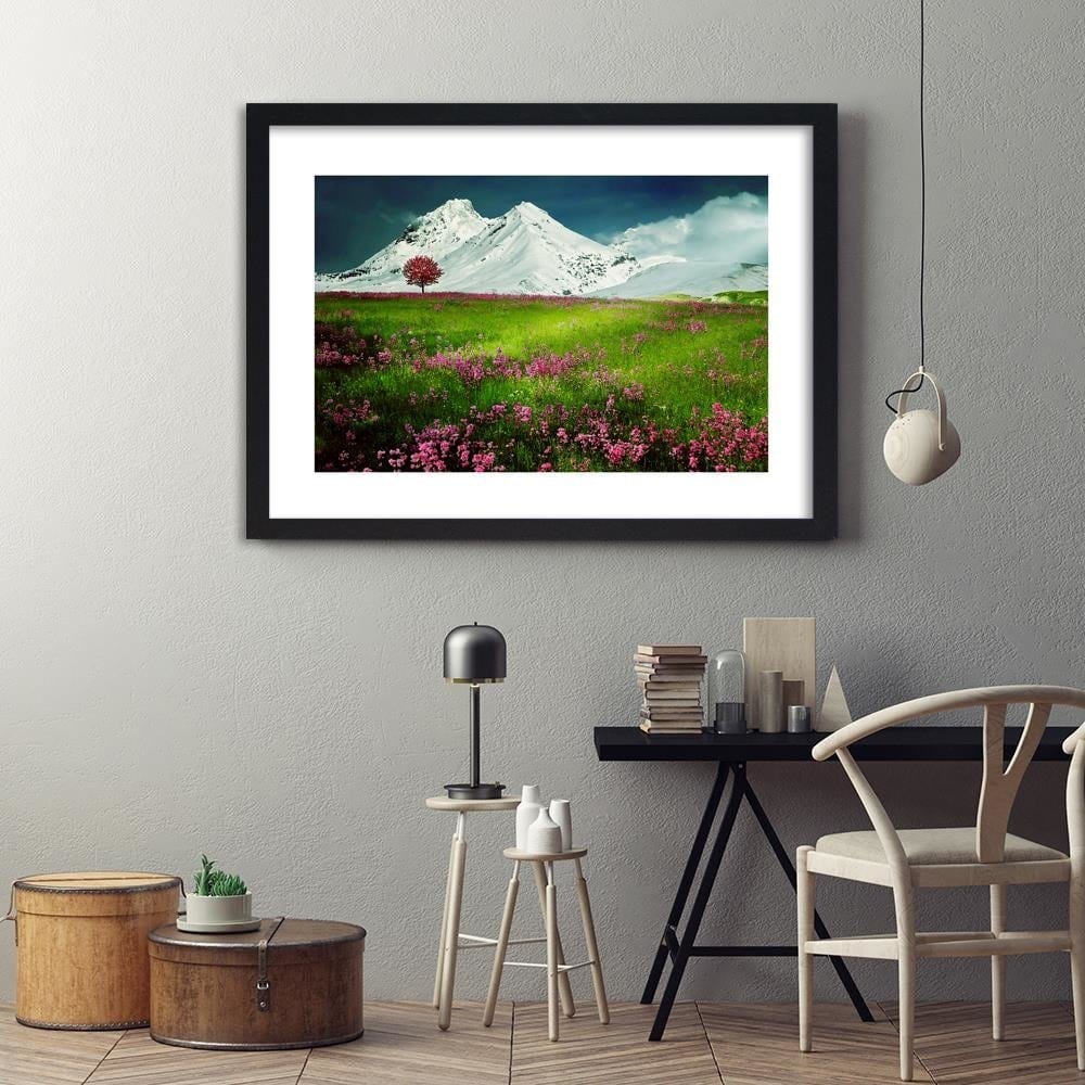 Glezna melnā rāmī - Snowy Mountains And Colorful Meadow 3 Home Trends