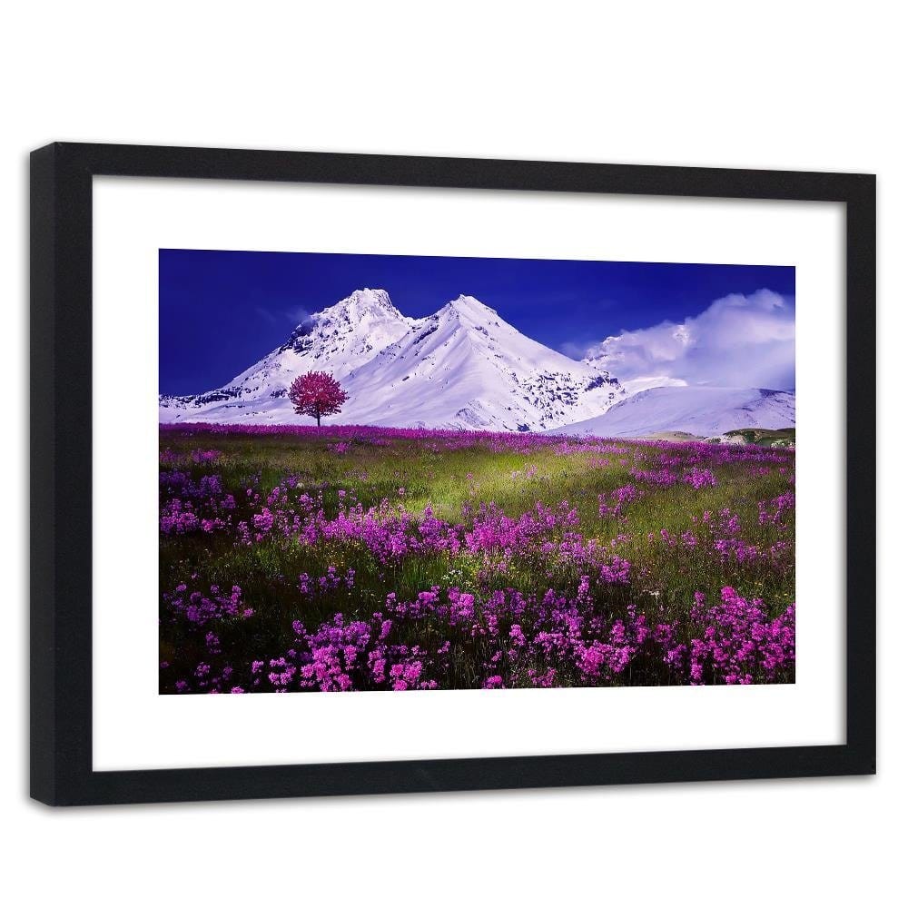 Glezna melnā rāmī - Snowy Mountains And Colorful Meadow 4 Home Trends