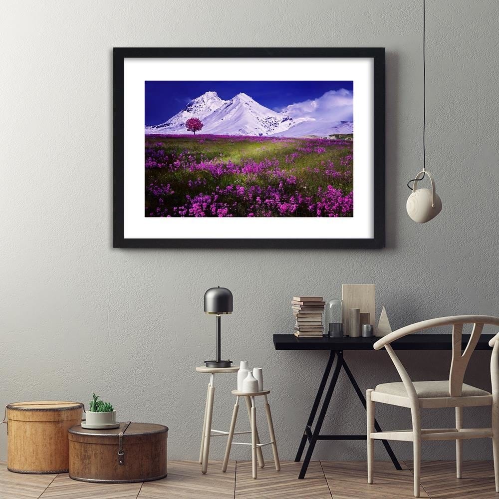 Glezna melnā rāmī - Snowy Mountains And Colorful Meadow 4 Home Trends