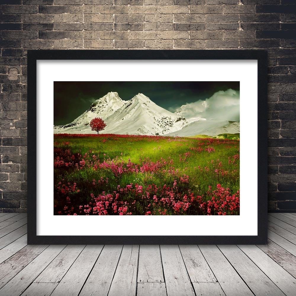 Glezna melnā rāmī - Snowy Mountains And Colorful Meadow Home Trends