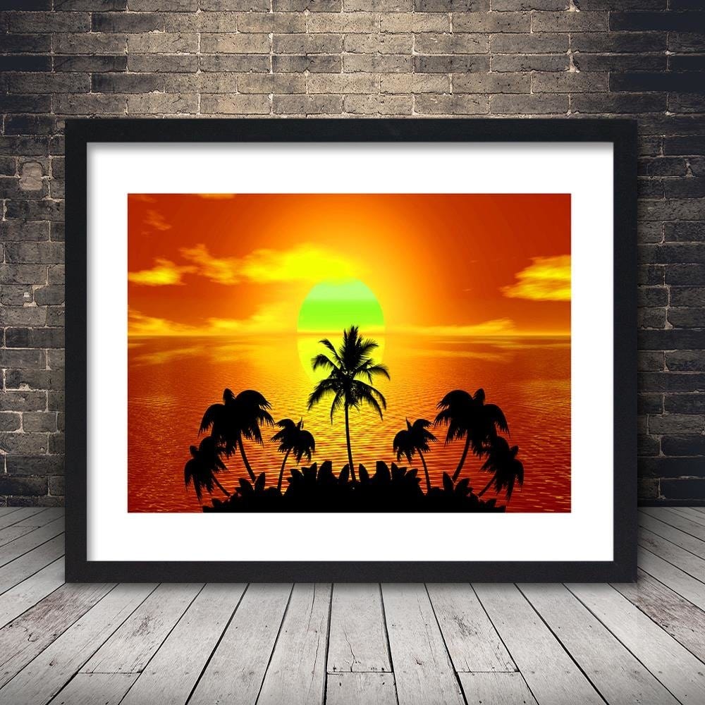 Glezna melnā rāmī - Sunset With Palm Trees Home Trends