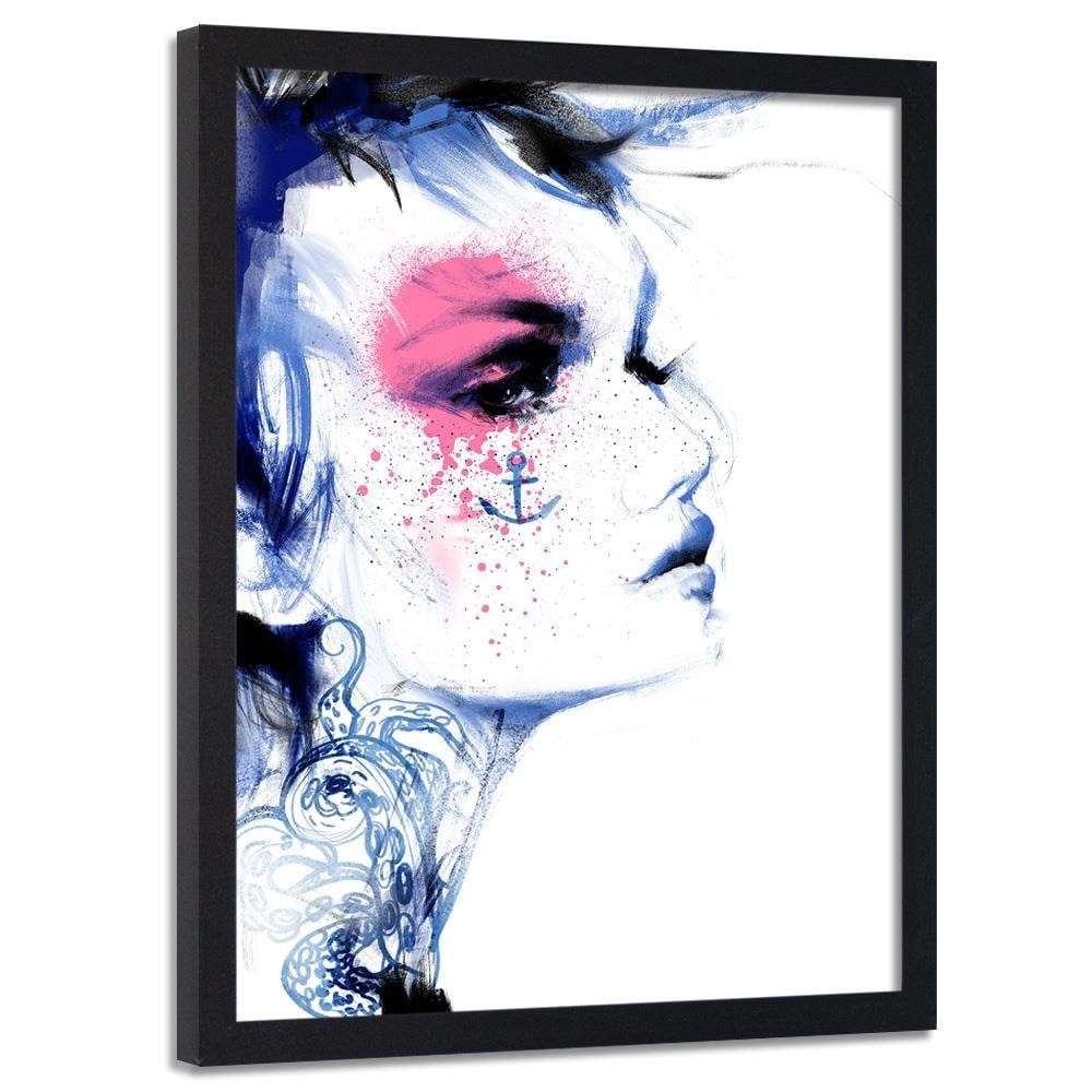 Glezna melnā rāmī - Tattoo Woman Blue Home Trends