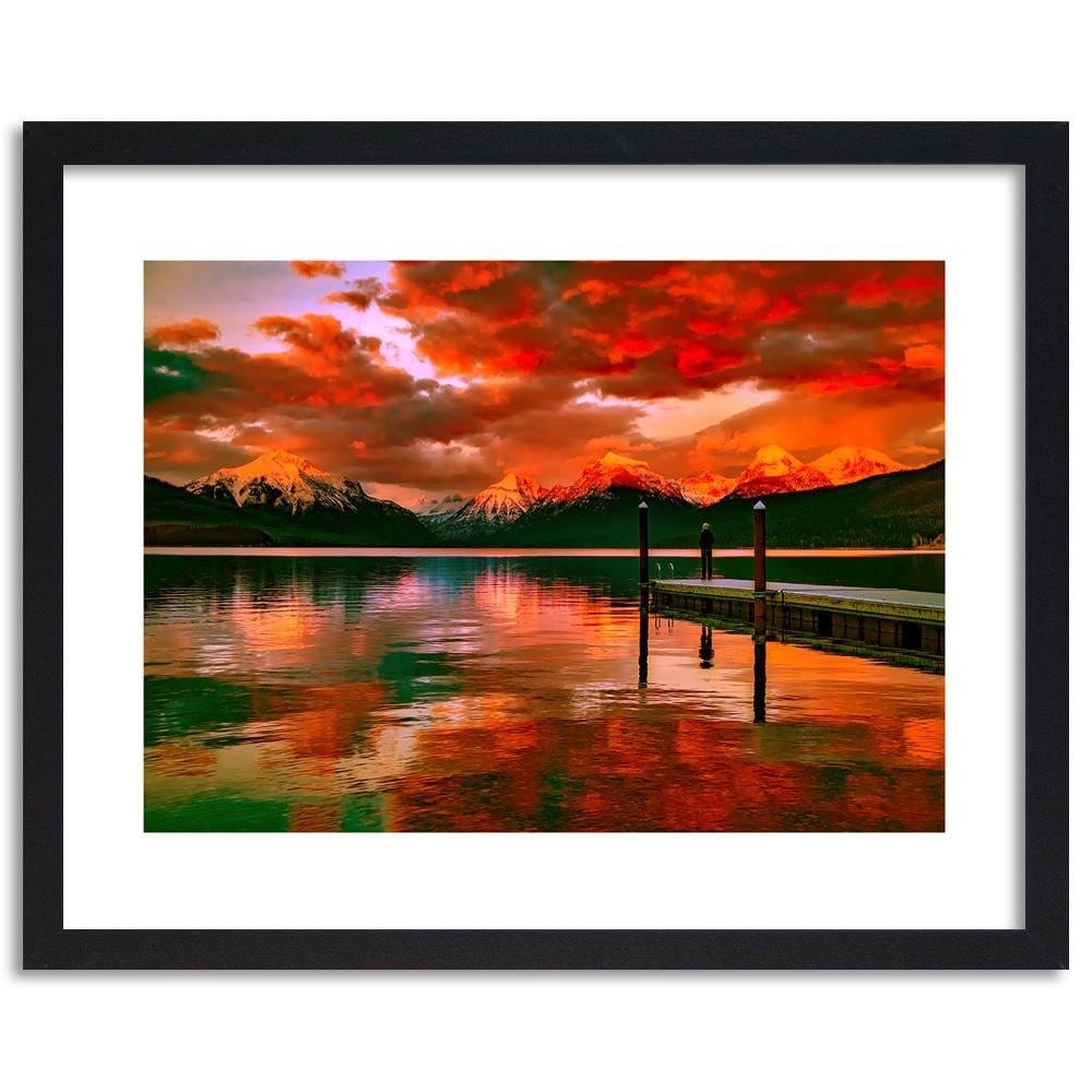 Glezna melnā rāmī - The Mountains In The Snow On The Lake 3 Home Trends