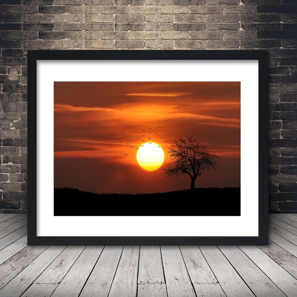Glezna melnā rāmī - Tree Birds And Sunset Home Trends