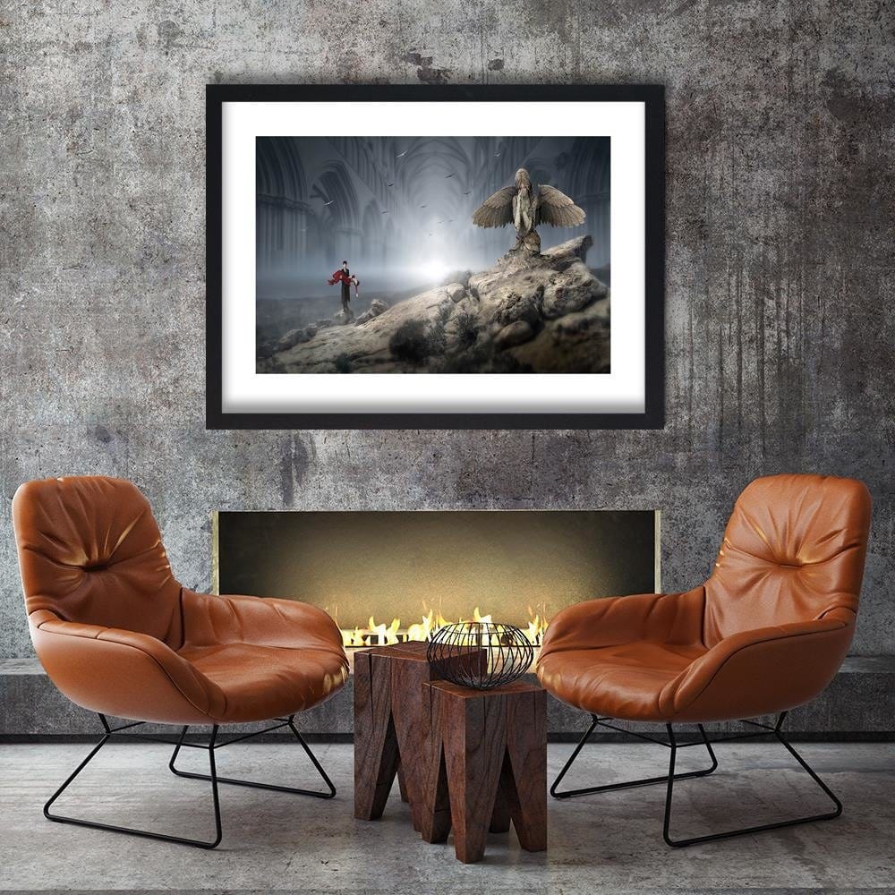 Glezna melnā rāmī - Weeping Angel On The Rock Fantasy Home Trends