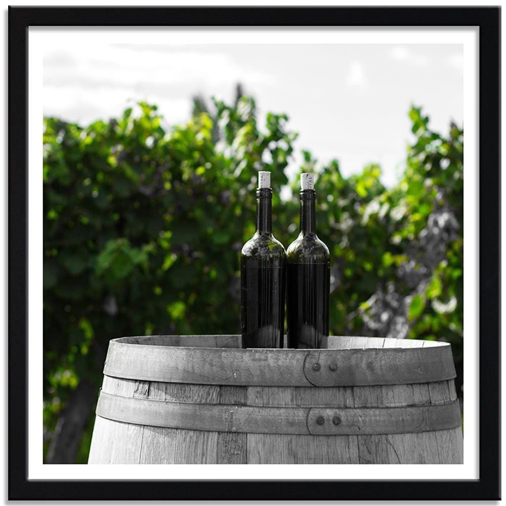 Glezna melnā rāmī - Wine Bottles On The Barrel 2 Home Trends