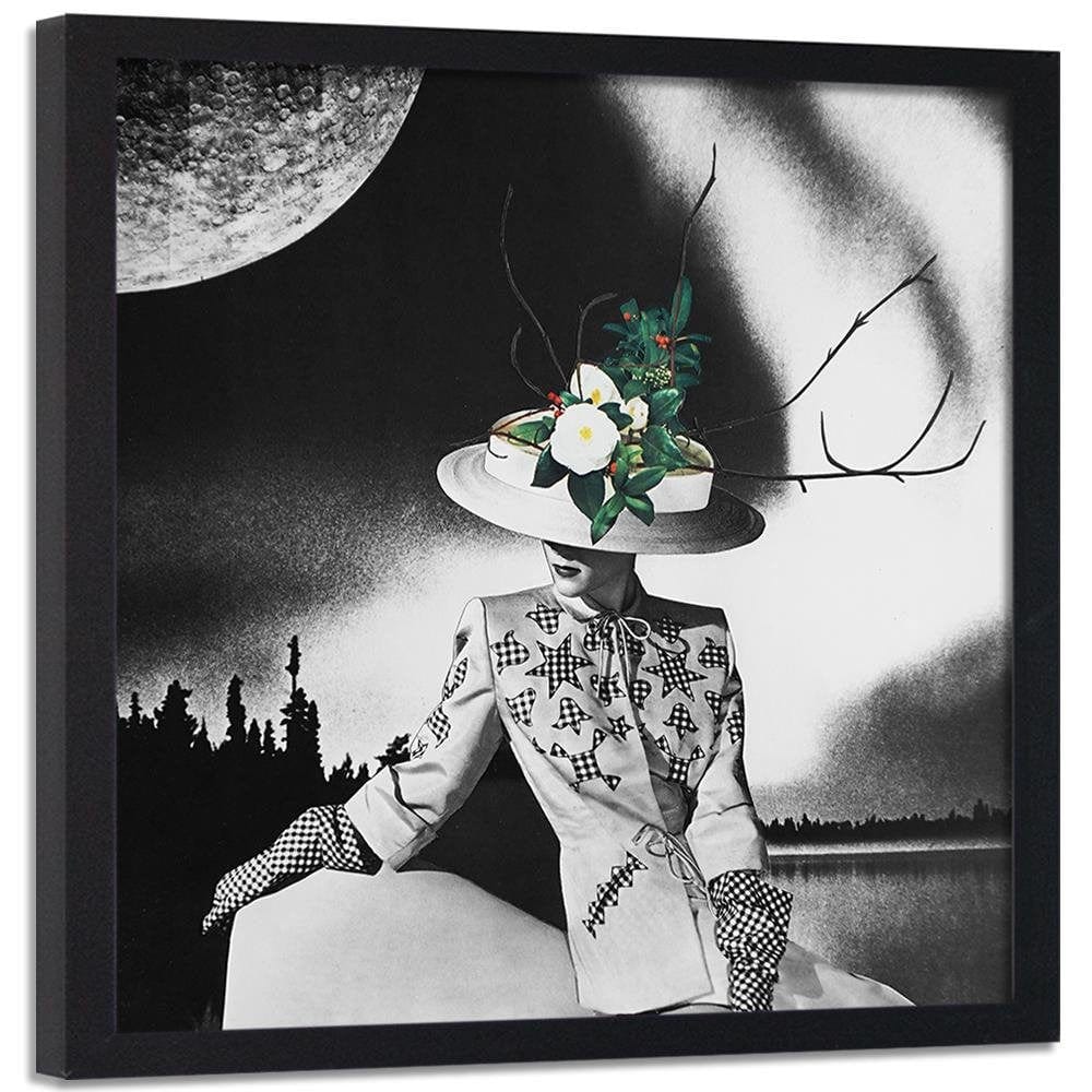 Glezna melnā rāmī - Woman In Hat With Flowers Home Trends