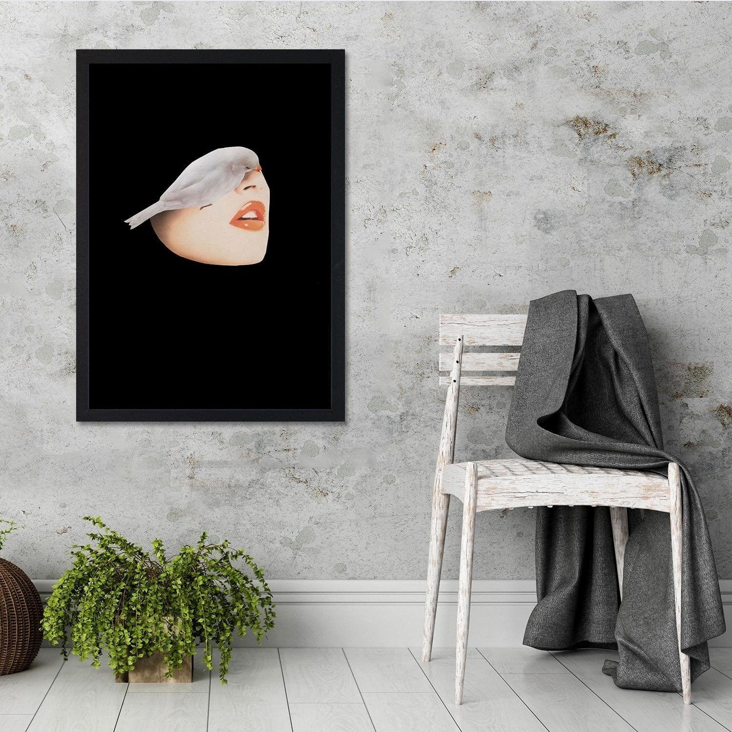 Glezna melnā rāmī - Woman With Bird Black Home Trends