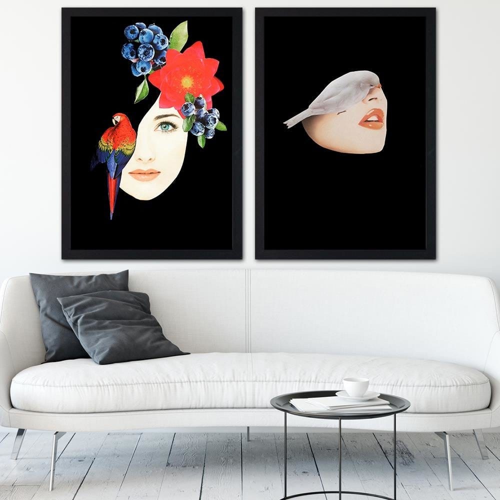 Glezna melnā rāmī - Woman With Bird Black Home Trends