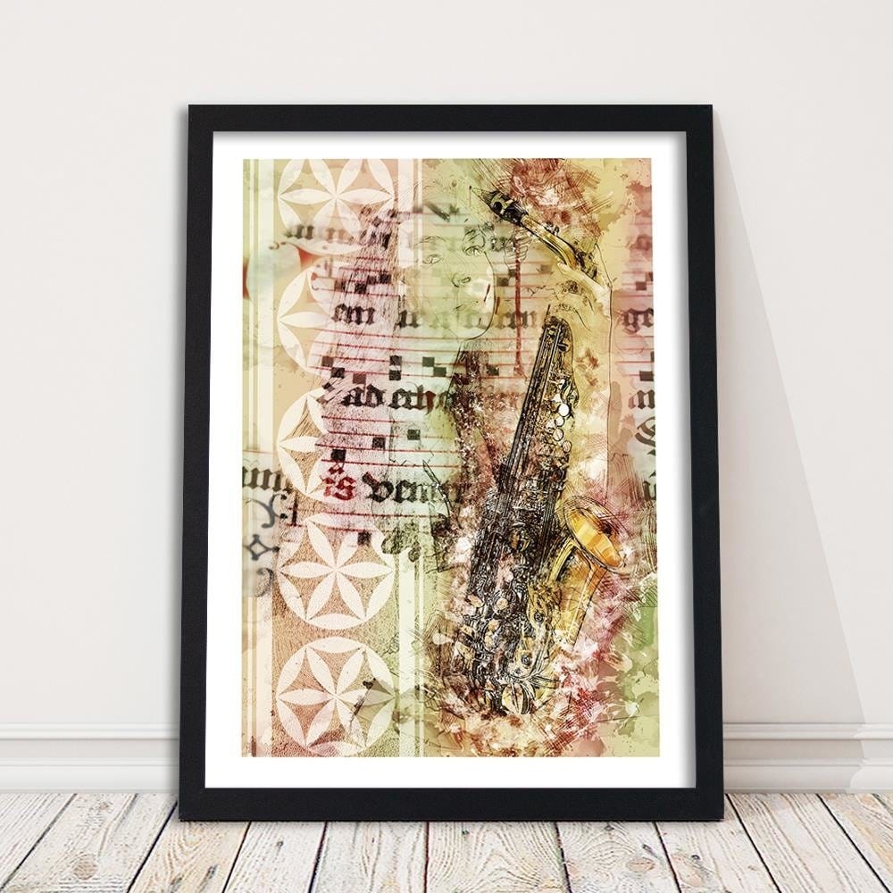 Glezna melnā rāmī - Woman With Saxophone Abstraction Home Trends