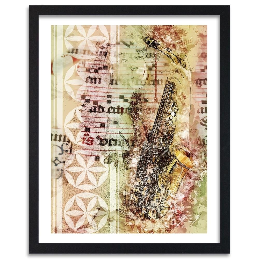 Glezna melnā rāmī - Woman With Saxophone Abstraction Home Trends