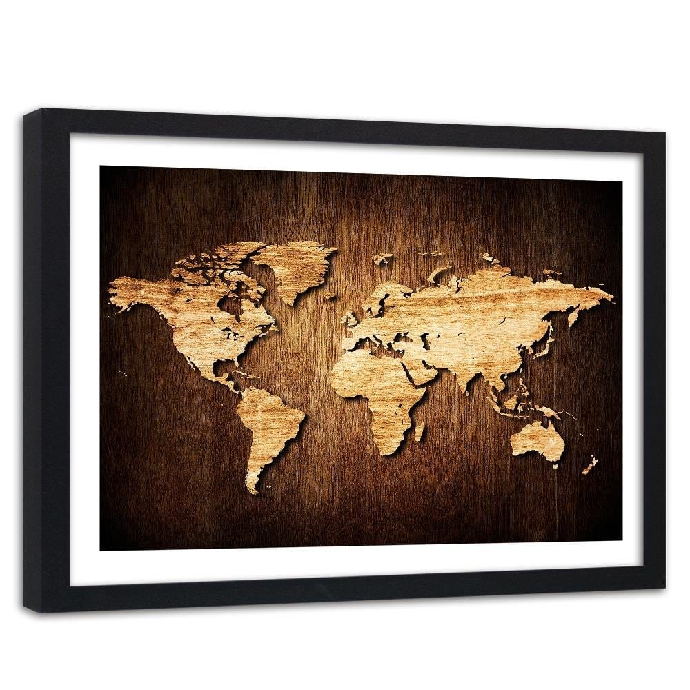 Glezna melnā rāmī - Wooden World Map Home Trends