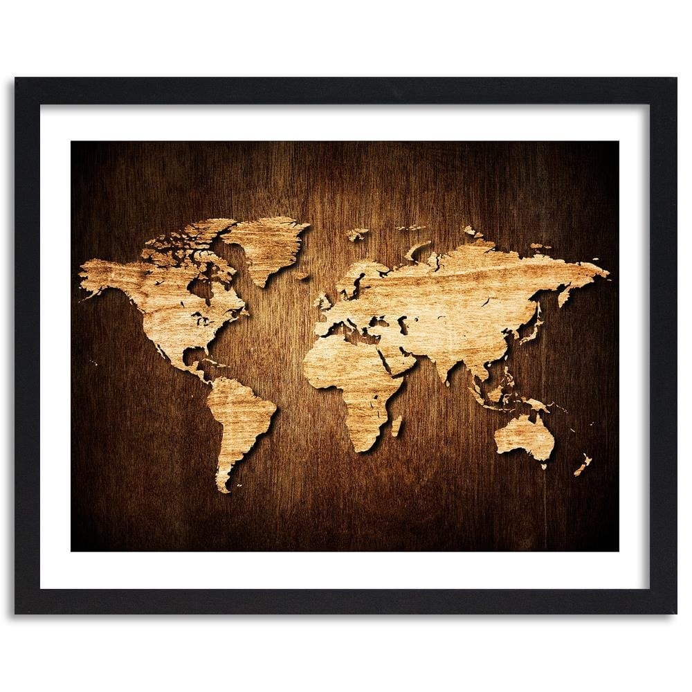 Glezna melnā rāmī - Wooden World Map Home Trends