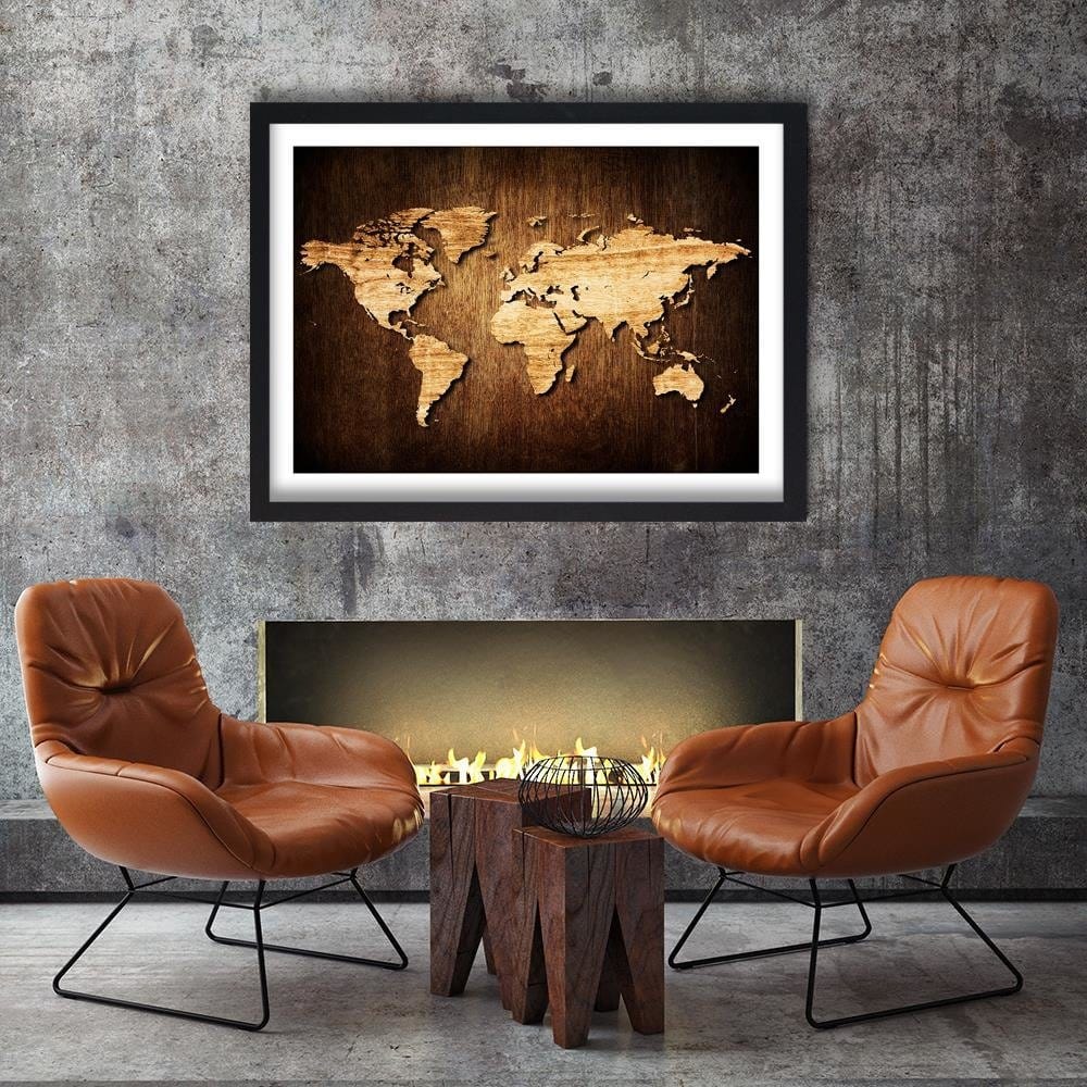Glezna melnā rāmī - Wooden World Map Home Trends