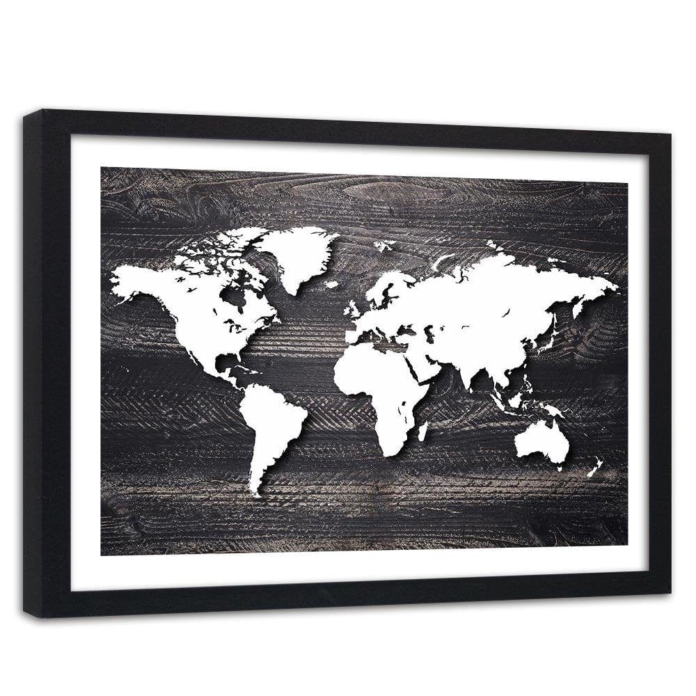 Glezna melnā rāmī - World Map On A Gray Wood Home Trends