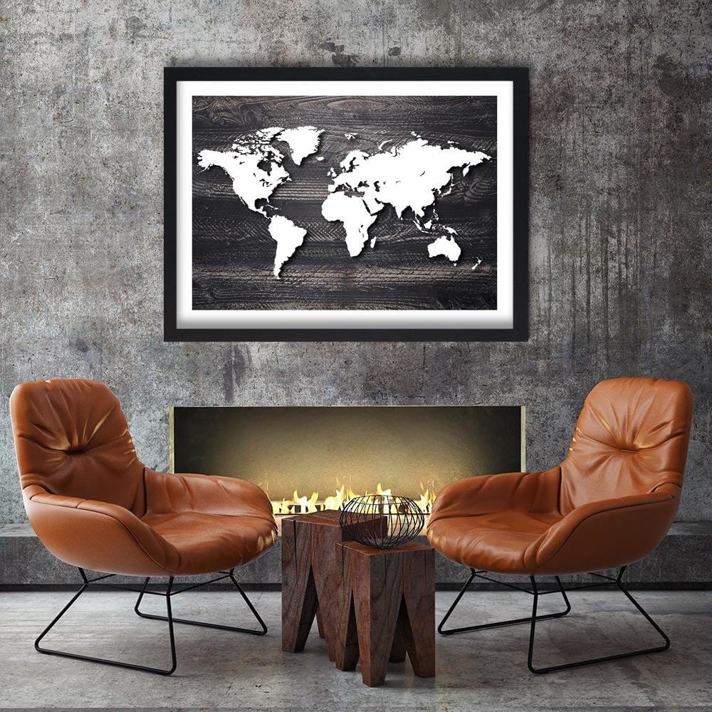 Glezna melnā rāmī - World Map On A Gray Wood Home Trends