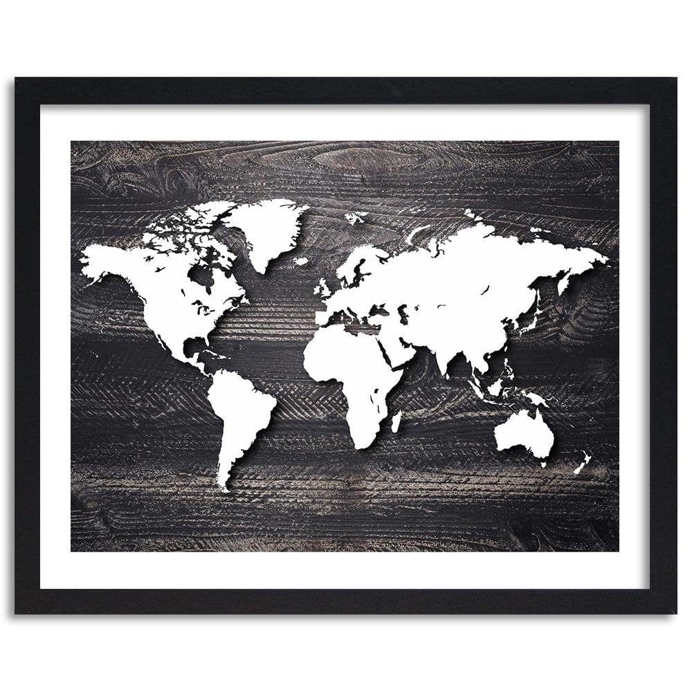 Glezna melnā rāmī - World Map On A Gray Wood Home Trends