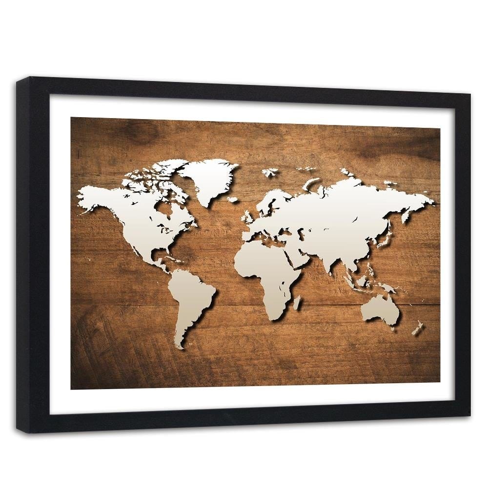 Glezna melnā rāmī - World Map On A Wooden Board Home Trends