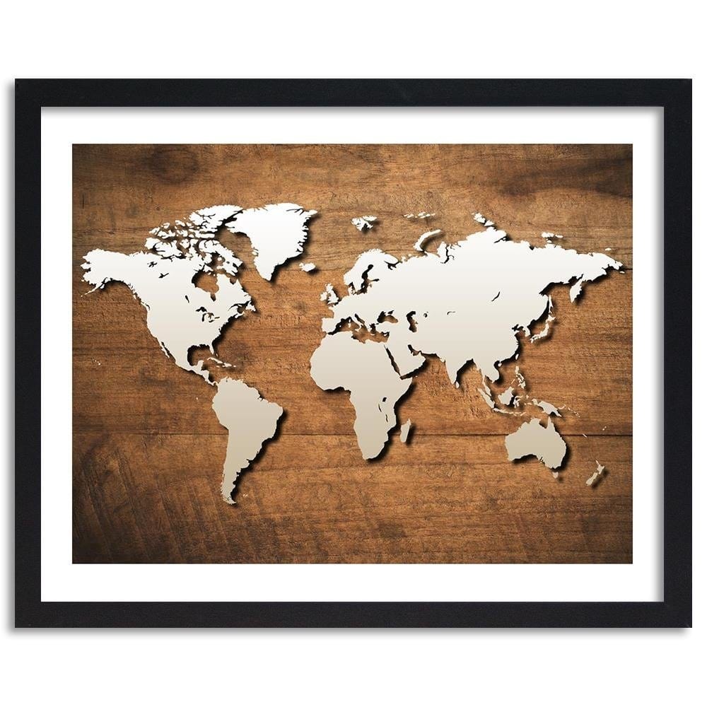 Glezna melnā rāmī - World Map On A Wooden Board Home Trends
