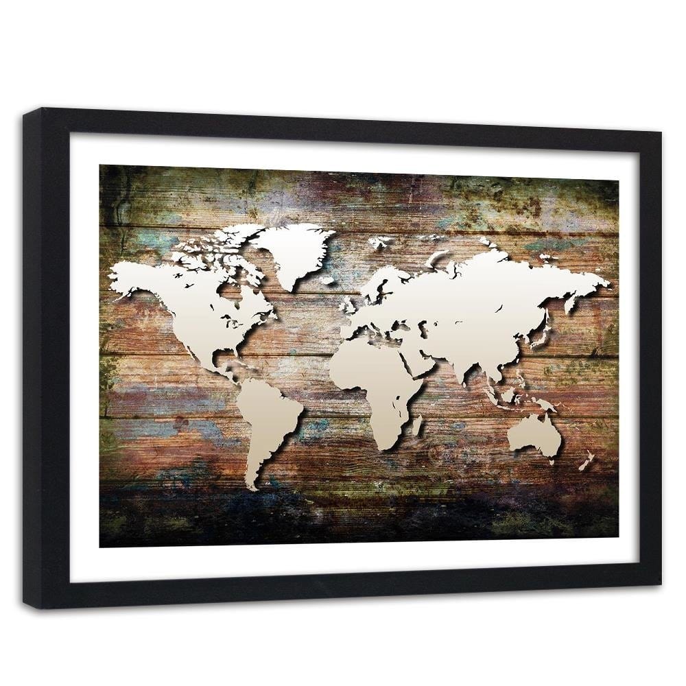 Glezna melnā rāmī - World Map On Old Boards Home Trends