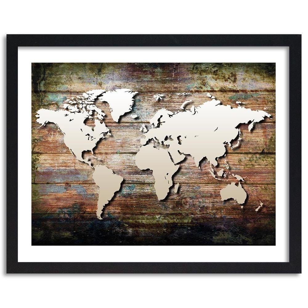 Glezna melnā rāmī - World Map On Old Boards Home Trends