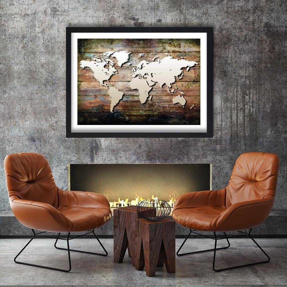 Glezna melnā rāmī - World Map On Old Boards Home Trends