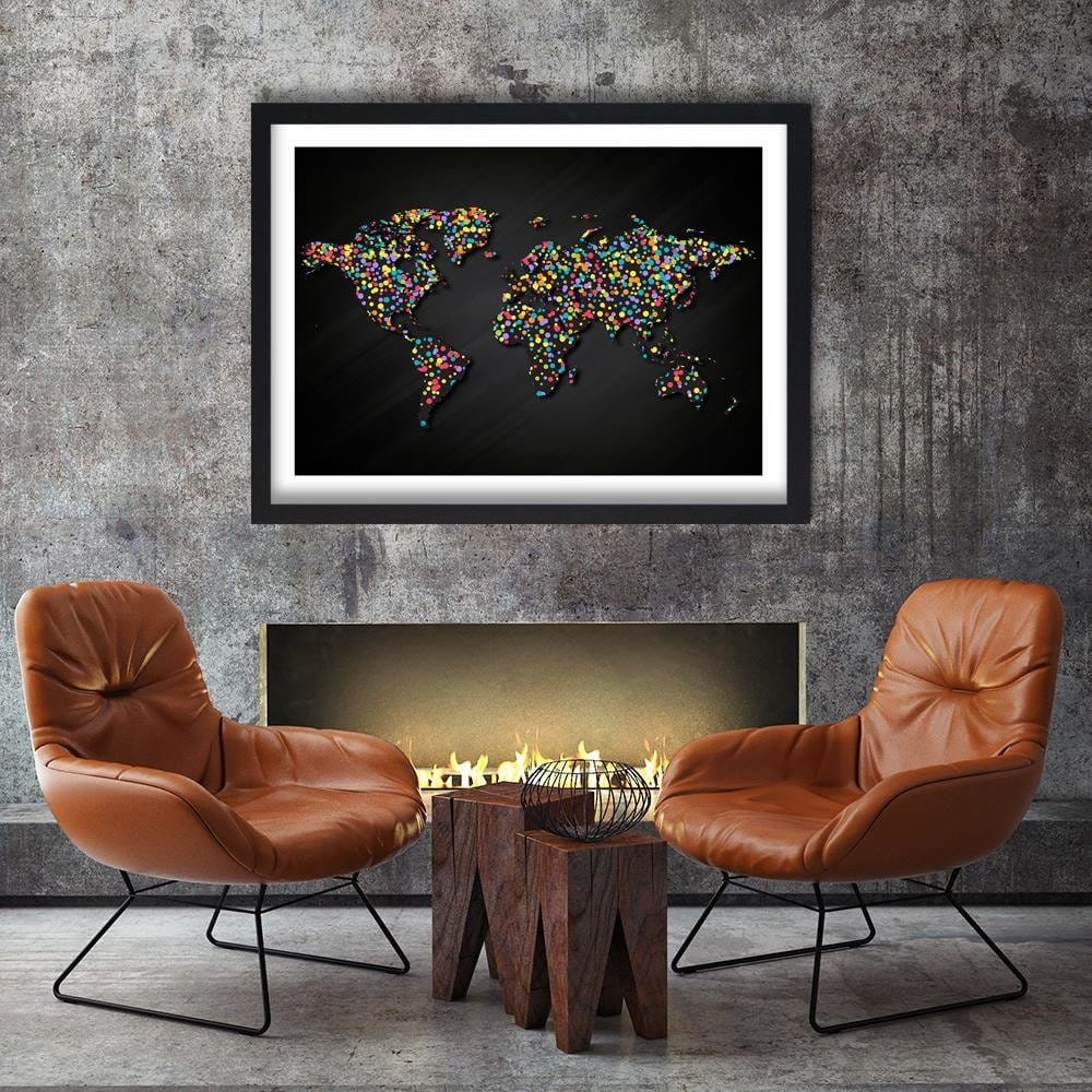 Glezna melnā rāmī - World Map With Colored Dots Home Trends