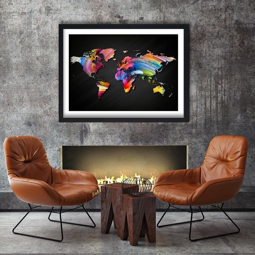 Glezna melnā rāmī - World Map With Different Colors Home Trends