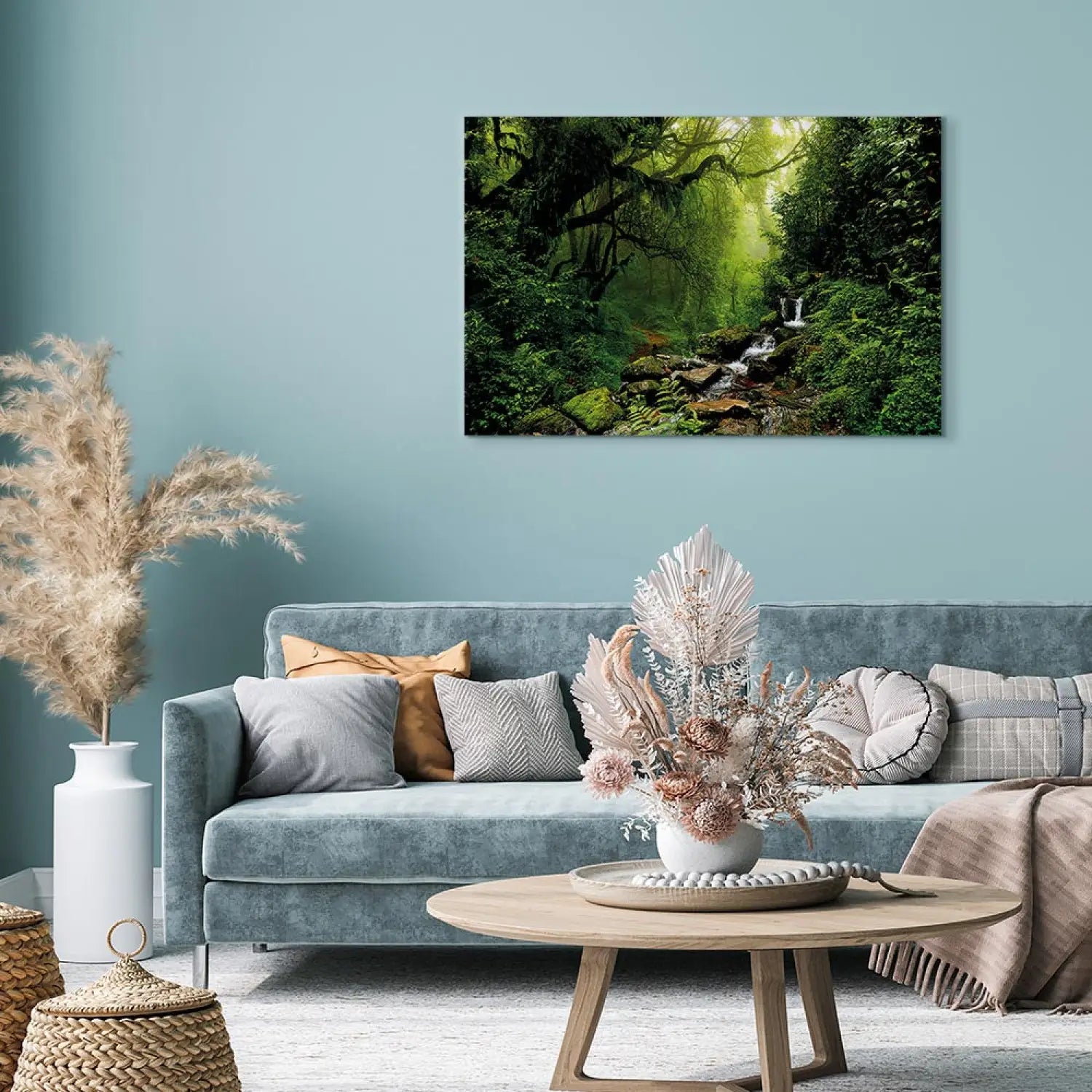 Kanva ar meža motīvu - Ūdenskritums mežā, zaļā krāsā, 98193 Home Trends