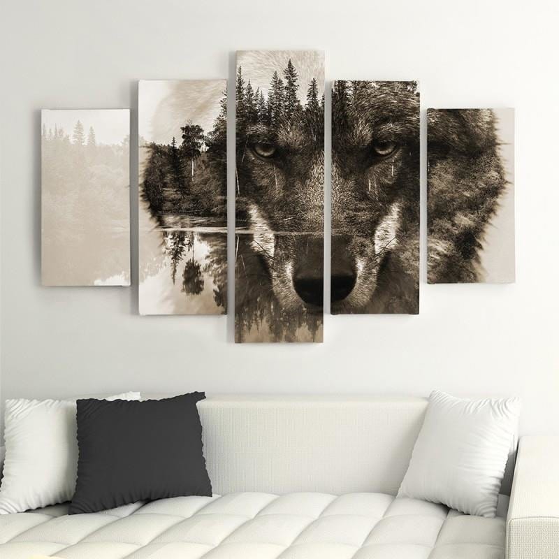 Kanva no 5 daļām - Type A, Wolf On A Background Of Forest - Brown Home Trends DECO