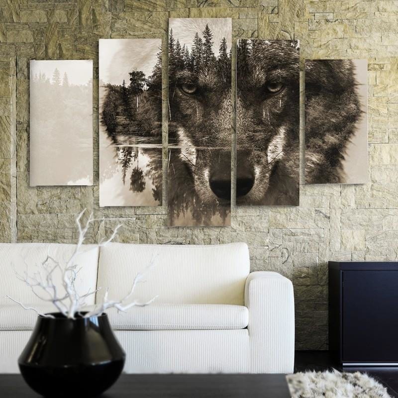 Kanva no 5 daļām - Type A, Wolf On A Background Of Forest - Brown Home Trends DECO