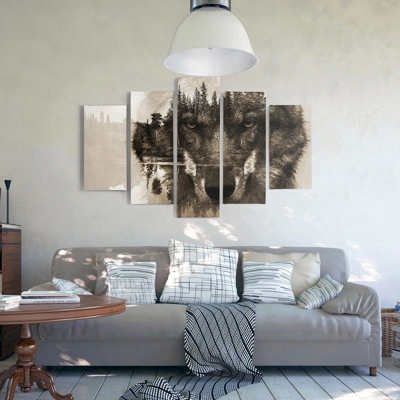 Kanva no 5 daļām - Type A, Wolf On A Background Of Forest - Brown Home Trends DECO