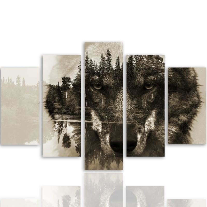Kanva no 5 daļām - Type A, Wolf On A Background Of Forest - Brown Home Trends DECO