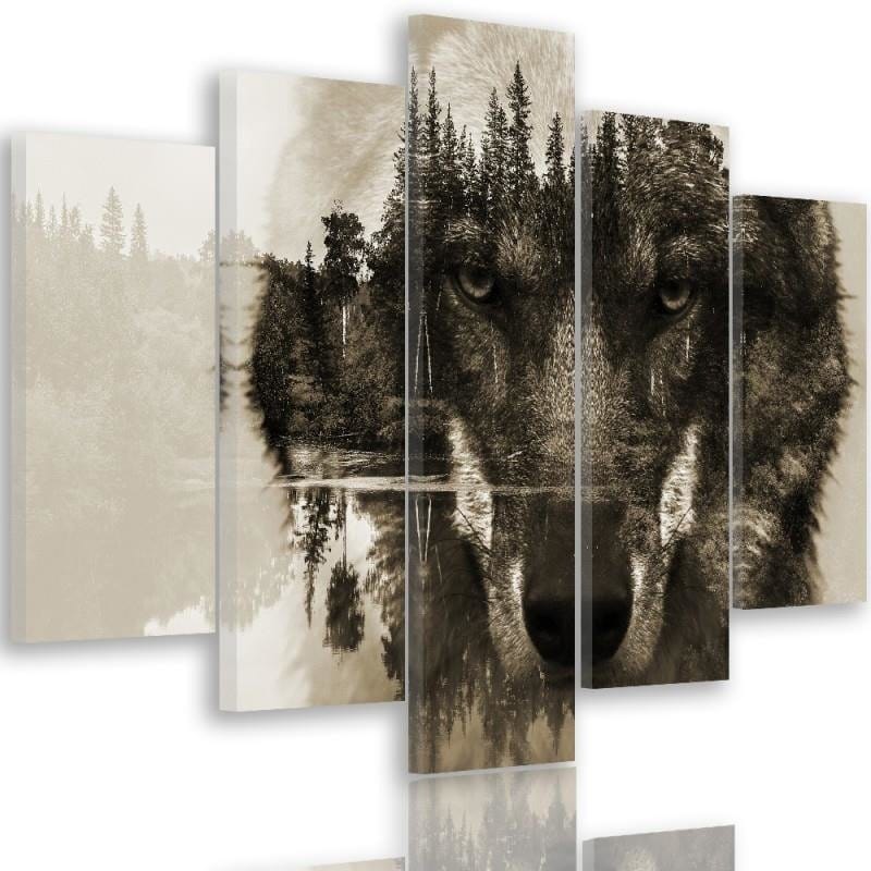 Kanva no 5 daļām - Type A, Wolf On A Background Of Forest - Brown Home Trends DECO