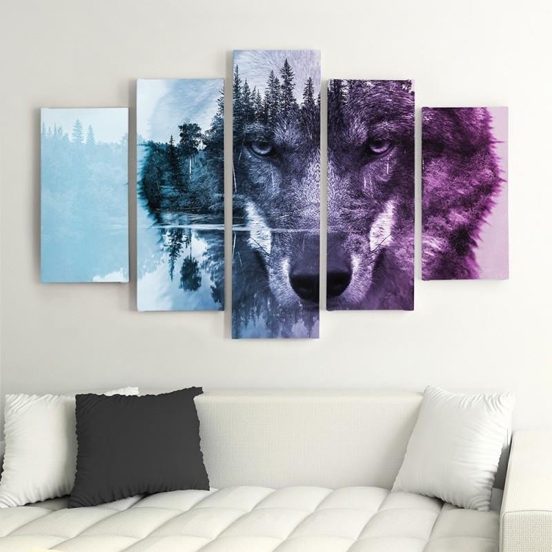 Kanva no 5 daļām - Type A, Wolf On The Forest Background - Purple Home Trends DECO