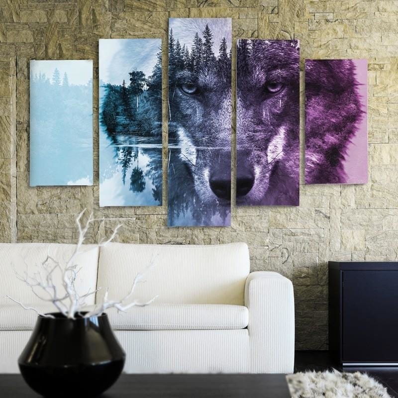 Kanva no 5 daļām - Type A, Wolf On The Forest Background - Purple Home Trends DECO