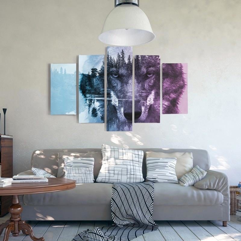 Kanva no 5 daļām - Type A, Wolf On The Forest Background - Purple Home Trends DECO
