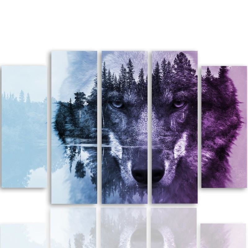 Kanva no 5 daļām - Type B, Wolf On The Forest Background - Purple Home Trends DECO