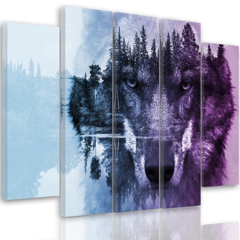 Kanva no 5 daļām - Type B, Wolf On The Forest Background - Purple Home Trends DECO