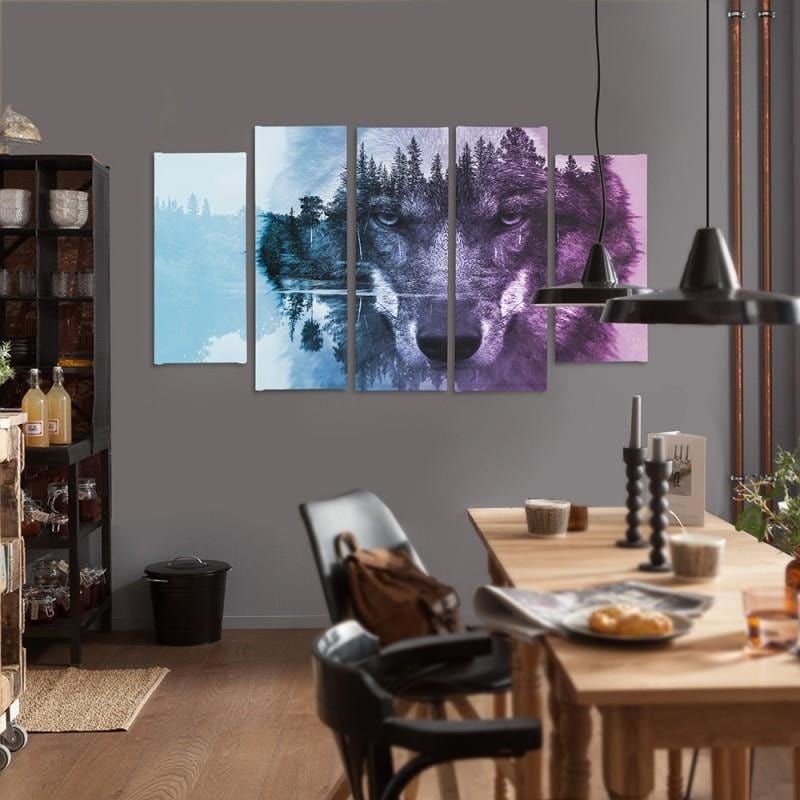 Kanva no 5 daļām - Type B, Wolf On The Forest Background - Purple Home Trends DECO